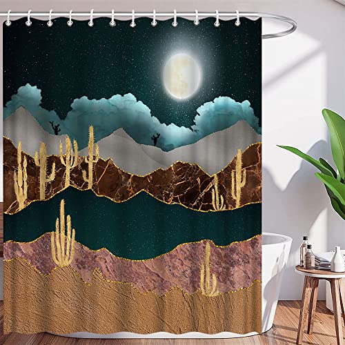 Abstract Mountain Shower Curtain Starry Sky Night Moon Stars Watercolor Nature Landscape Succulent Cactus Desert Modern Art Polyester Curtains Bathroom Decor With Hooks 70Wx70H Inch #TOP2