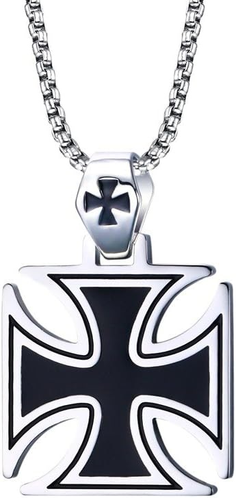 Mealguet Jewelry Men's Cool Stainless Steel Black Enamel Crusaders Templar Knights Cross Pendant Necklace, 24 Chain
