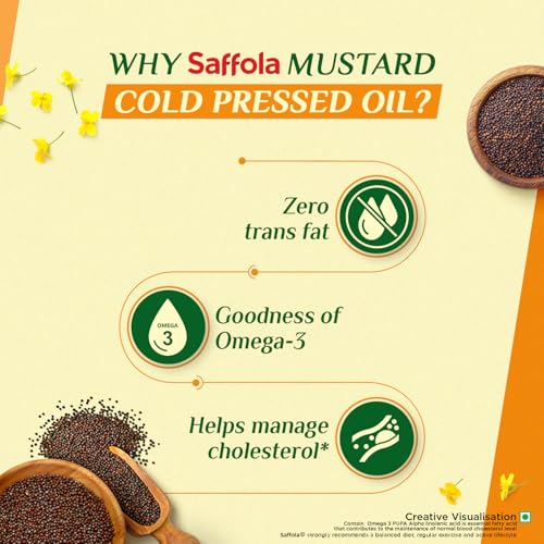 Image of Saffola Cold Pressed Mustard Oil | 100% Cold Pressed Mustard Seed Oil | Kachi ghani Mustard Oil, 0 trans fat, Unrefined, Chemical free | Helps Manage Cholesterol, Goodness of Omega 3 with Authentic Seed Flavour | 2L Pet Bottle
