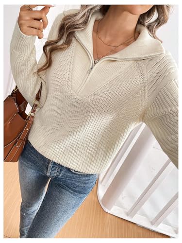Image of MakeMeChic Women's Half Zip Pullovers Tops V Neck Collar Sweater Long Sleeve Fall Sweaters Apricot Medium