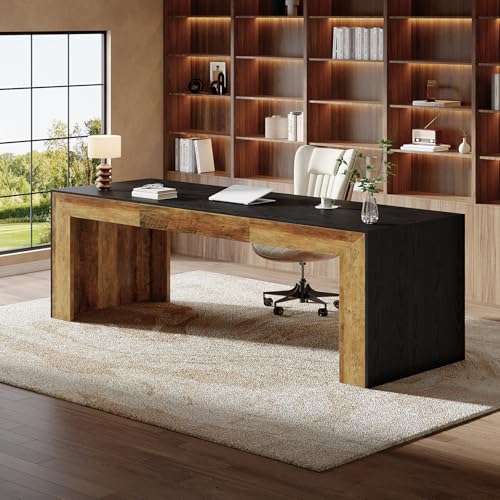 Tribesigns 78.7-Inch Long Computer Desk for 2 People, Farmhouse Executive Desk with Wooden Desktop and Legs, Large Workstations Writing Table Gaming Table for Home Office, Heavy Duty, Black + Brown