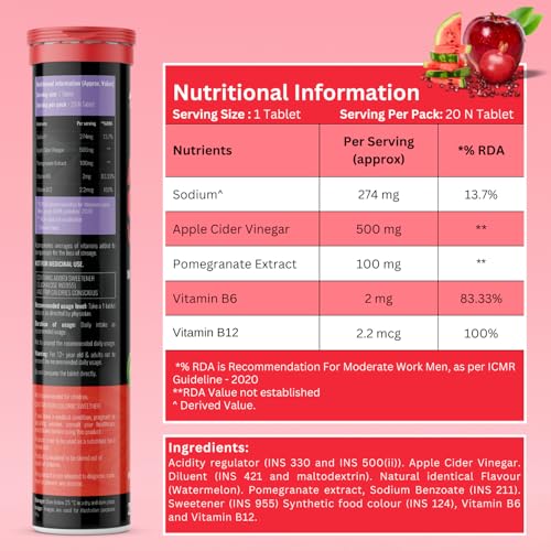 Image of Apple Cider Vinegar Effervescent Tablet - For Weight Loss With Pomegranate Extract, Vitamin B6 & B12 For Refreshing Detox & Metabolism Boost, No added Sugar (20 count (Pack of 1), Watermelon)