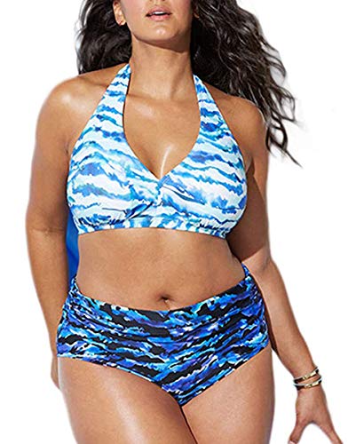 Joligiao Bikinis Mujer Conjunto de Bañador Dos Piezas Traje de Baño Tallas Grandes Acolchado de Cintura Alta Bikini Estampado Playa Verano Tankini (Azul,XL)