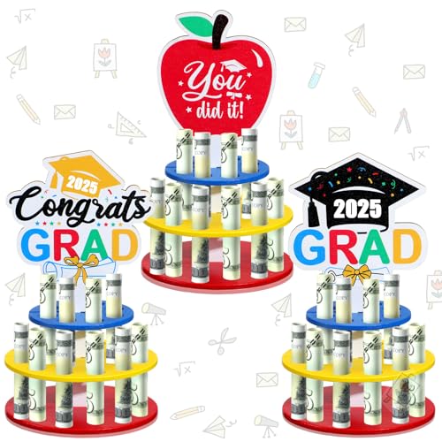 Anglechic 3 Pcs Graduation Money Holder for Cash 2025 Graduation Gift Wooden Cash Cake with 60 Hole Double-Layer DIY Money Holder Gift for Elementary Congrats Grad Party Supplies