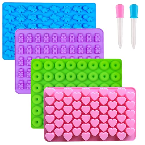 Image of WARM TIME Gummy Bear Candy Molds Silicone, Mini Gummy Molds with 2 Droppers, Food Grade Non-Stick Silicone Molds Including Heart, Dinosaur, Bear, and Donut, Set of 4
