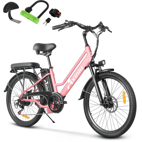 Axiniu 24 Inch Electric Bike for Adults, Step Through Ebike for Women, Peak 750W Motor 22MPH, 48V 20AH Removable Battery Up to 70 Miles, 7 Speed Dual Shock Absorber, City Cruiser Commuter Bicycle