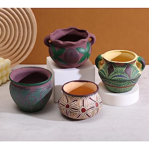 Yuccasly 4 Piece Ceramic Plant Pots Indoor Pots Set with Drainage Holes, Rustic Colorful Decorative Flower Pots for Indoor&Outdoor Little Plants, Cute Cactus/Bonsai Plant Pots