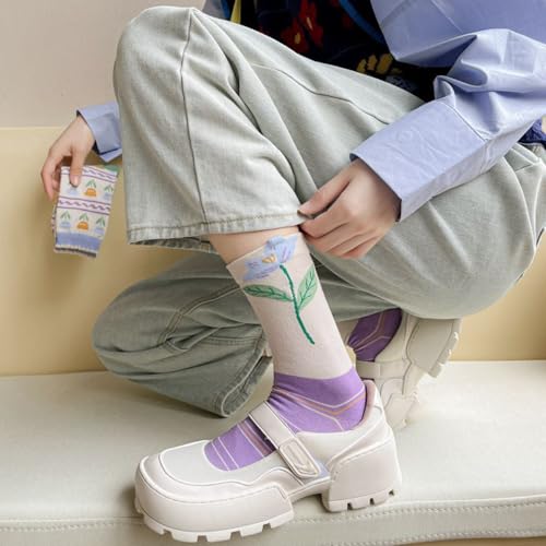 Image of HOMSSEM Floral Crew Socks - 5Pair Flower Graphic Soft Cotton Socks for Women, Teen Girls - for Sandals, - Cute Vibrant Colors