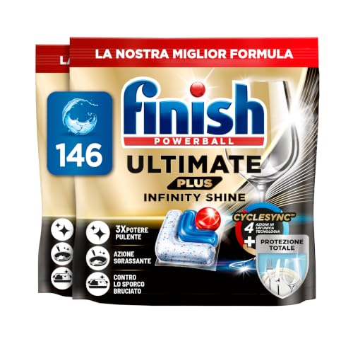 Finish Ultimate PLUS Infinity Shine Pastiglie Lavastoviglie, 146 Capsule Lavastoviglie, Pastiglie per Lavastoviglie contro lo Sporco e i Residui Incrostati