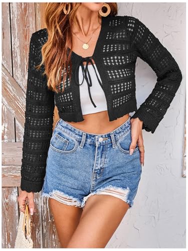 Image of GORGLITTER Women's Crochet Tie Front Tops Long Sleeve Boho Cropped Cardigan Festival Cowgirl Outfits