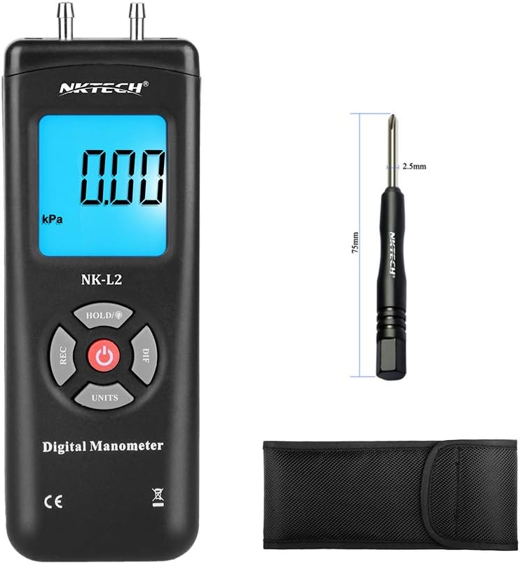 1890 Digital Manometer Differential Air Gauges Pressure Meter ±13.79kPa ±2Psi ±55.4H2O Gas Tester Gauge Measure Dual LCD Display Backlit 11 Selectable Units (NK-L2-Black)