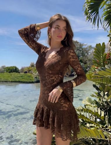 Avidlove Women's Sheer Lace Mini Dress - Long Sleeve Flare Cuff Ruffle Hem Deep V Neck Bodycon Floral Lace Dress for Party Club Night Out Brown - image 3