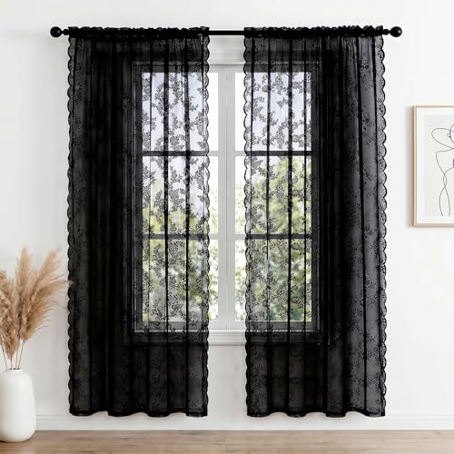Upbalein Lace Curtains 79 Inches Long Vintage Floral Black Sheer Curtain