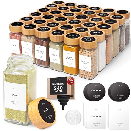 FINESSY Glass Spice Jars with Label with Bamboo Lids 36 Pack Set, 4oz Empty Clear Glass Spice Bottles with Shaker Lids, Airtight Kitchen Seasoning Organizer Jars, Herb Seasoning Containers with Labels