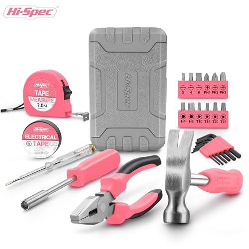 Image of Hi-Spec 25-Piece Small Tool Kit with Knife and Hex Key Included: Basic Essential Tool Set for Home, Office, and College (Light Pink)