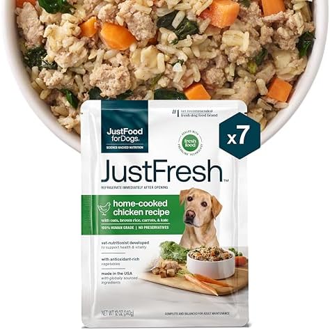 JustFoodForDogs JustFresh Wet Dog Food, Fresh Pet Meals and Toppers with No Preservatives, Resealable Package, Human Grade, Home-Cooked Chicken, 12 oz - 7 Pack