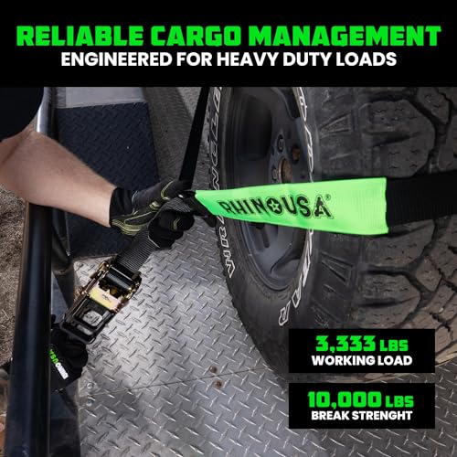 Rhino USA Car Tie Down Straps with Snap Hooks – 4 Pack 2" x8' – 10,000lbs Break Strength – Heavy Duty T-Handle Car Hauler Tire Lasso Wheel Straps for Trailers, UTV & Powersports – Black by Rhino USA - Image 4