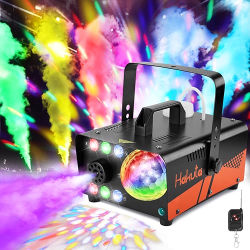 HAKUTA Máquina de fumo com bola de discoteca e luzes LED RGB, 600 W Fog Machine, 2300 CFM spray com função de pulverização automática, para Halloween, Natal, casamento, desempenho de palco e festas