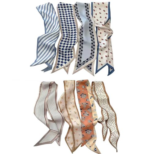 MsAnya 8Pcs Fashion Scarves for Women, Multifunctional Boho Scarves Headbands Satin Scarf for Bag Hair Accessories (blue08khaki, 8 pcs)