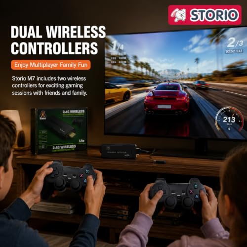 Image of Storio M7 Retro Game Stick for TV | 20,000+ Built-in Classic Games | Plug & Play HDMI Video Game Console with 2 Wireless Controllers & 64GB Card | Gaming Toy for Kids 7-15 Years & Family Fun