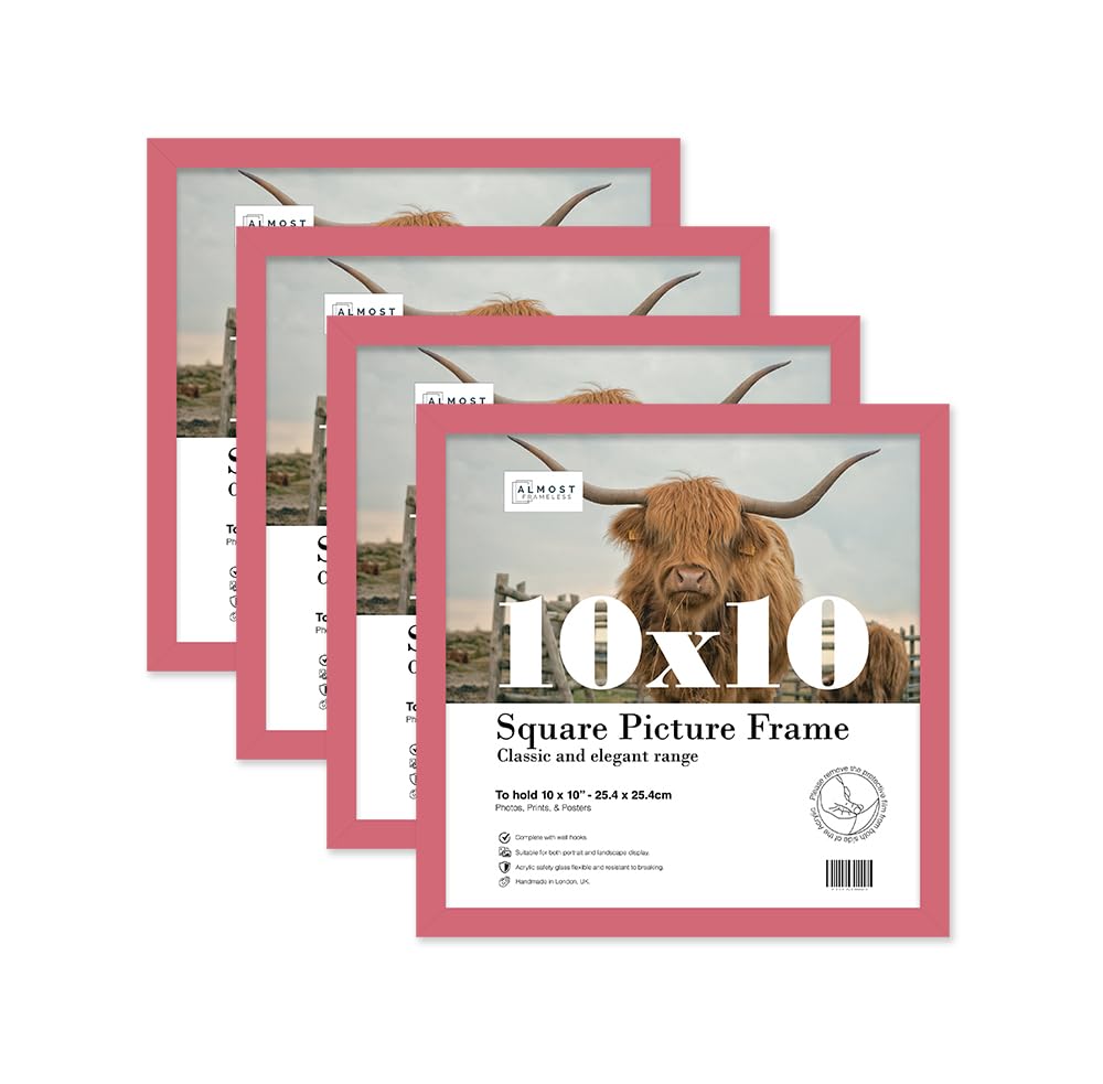 Almost Frameless 10x10 Pink Picture Frame Set of 4, Display 10x10 Picture Gallery Wall, Poster, Photo, Artwork, or Print, Pink, Square
