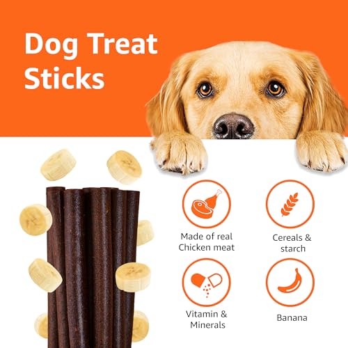 Image of Amazon Basics Dog Treat Sticks 140 gm, Chewy Meat Sticks for Adult Dogs and Puppies, High Protein Dog Treats for Training and Snacks, Made of Real Chicken Meat, Ziplock Pack, Banana Flavor