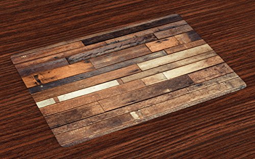 Ambesonne Wooden Print Place Mats Set Of 4, Rustic Floor Planks Grungy Look Farm House Country Style Walnut Oak Grain Image, Washable Fabric Placemats For Dining Table, Standard Size, Umber #TOP14