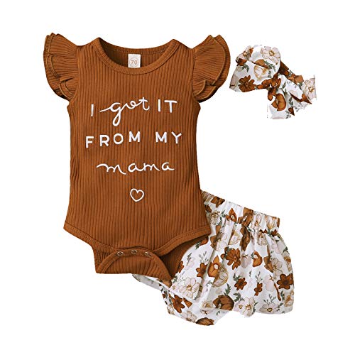 jkhhi Newborn Infant Baby Girls Letter Printed Romper Bodysuit+Small Floral Printed Ruffled Shorts+Headband Outfits Set(Brown,3-6M)