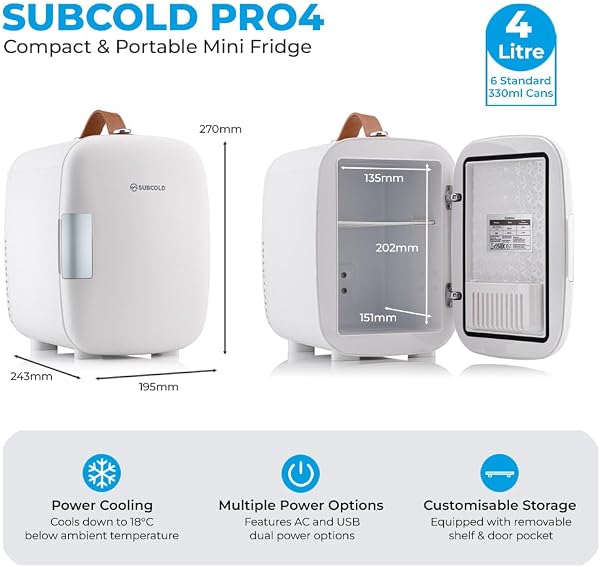 Subcold Pro4 Luxury Mini Fridge Cooler | 4 Litre / 6 Cans | AC and Exclusive USB Power Option | Portable Small Fridge for the Office, Bedroom, Car, Travel, Skincare & Cosmetics (White) - 5