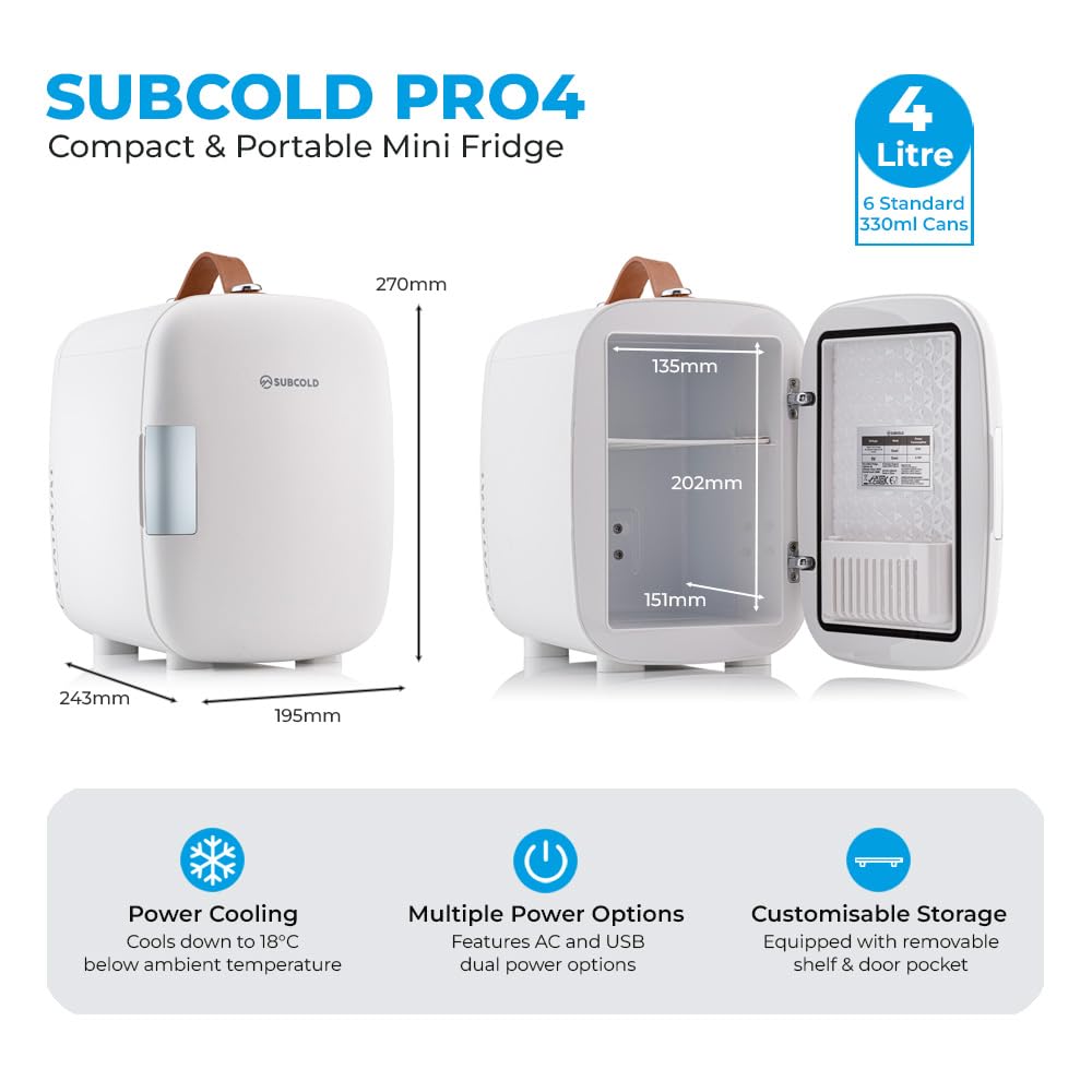 Subcold Pro4 Luxury Mini Fridge Cooler | 4 Litre / 6 Cans | AC and Exclusive USB Power Option | Portable Small Fridge for the Office, Bedroom, Car, Travel, Skincare & Cosmetics (White) — view 5