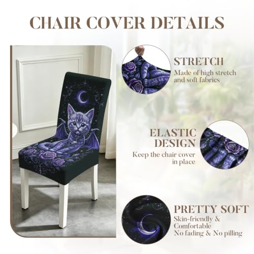Image of Gothic Purple Bat Wing Cat Dining Chair Covers Set of 4 Slipcover