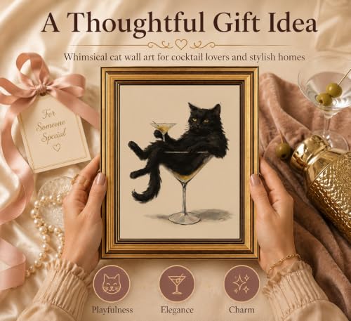 Image of Gold Framed 3D Textured Wall Art, Vintage Black Cat Martini Canvas Prints, Whimsical Cat Cocktail Pictures Decor, Humorous and fashionable Animals Gallery Artwork for Bathroom Home Bar 11x9 in
