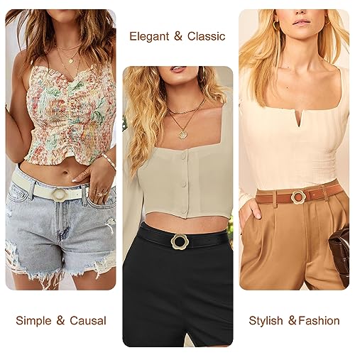 NPET Womens Leather Belt Skinny Waist Belt for Women Dresses Jeans Pants Fashion with Gold Buckle 2 Pack （Brown Black White）4