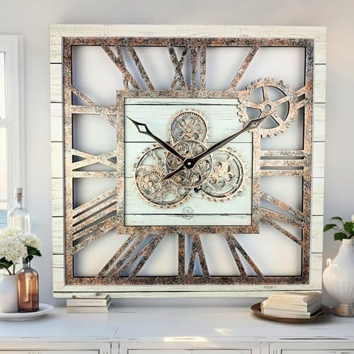 ImprovingLife The Gears Clock 24'' Inch Square Real Moving Gear Wall Clock Vintage Industrial Oversized Rustic Farmhouse (White Farmhouse)