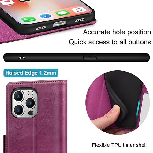 KEZiHOME Compatible with iPhone 15 Pro Case, [RFID Blocking] Genuine Leather Wallet Case [Credit Card Holder] [TPU Inner Shell] Shockproof Stand Flip Cover for iPhone 15 Pro 6.1'' (Purple/Brown) - image 5