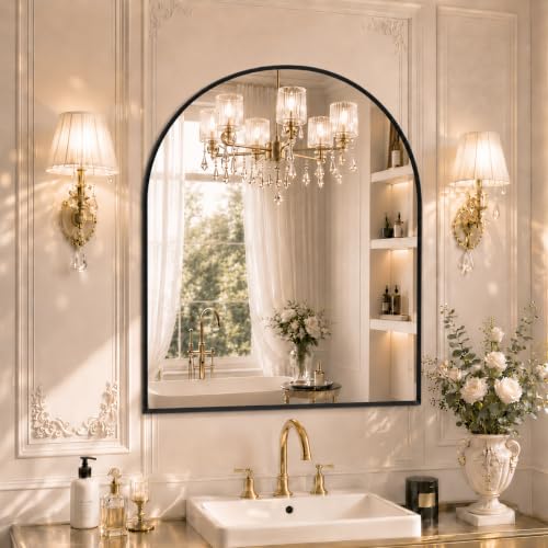 Image of 40 inchx30 inch Arched Black Bathroom Mirror - Metal Framed with HD Shatter-Proof Glass, Wall-Mounted for Over Sink, Entryway, Living Room, Bedroom