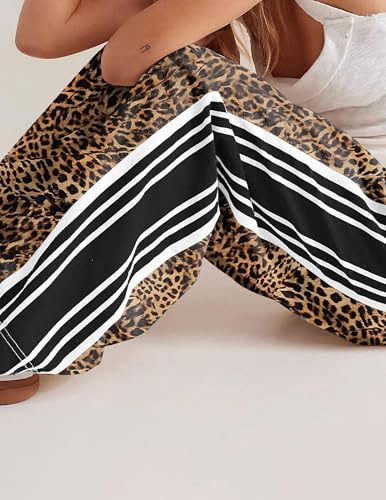 Casual Crayon Striped Pants for Women Drawstring Elastic High Waist Lounge Pant Color Block Baggy Wide Leg Sweatpants Leopard Brown3