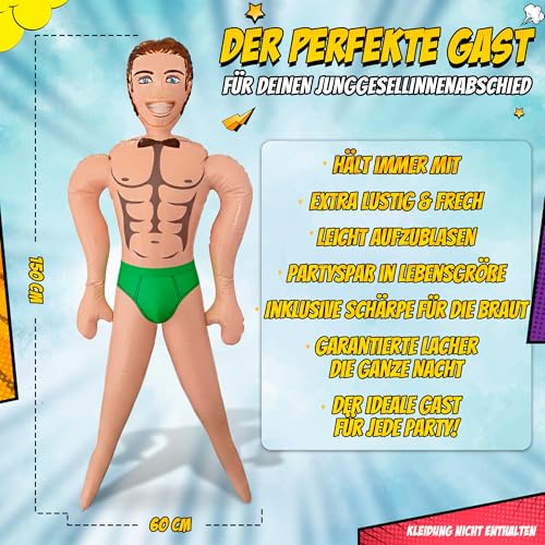 Aufblasbare Gummipuppe Mann – Lustige Puppe für Frauen JGA & Party – Lebensgroße Figur 150 cm – Witziges Gag Geschenk & Scherzartikel für Geburtstag, Mädelsabend & Feier