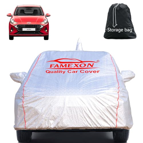 Image of Full Body Car Cover for Hyundai Aura with Mirror and Antena Pocket Triple Stiched(Silver with Red Piping)