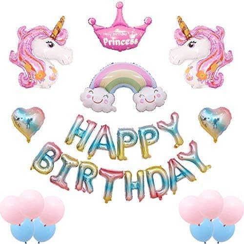 Unicorn Happy Birthday Balloons Supplies-Unicorn Theme Party Decorations,Set of 29 Included Gradient Happy Birthday Balloons Banner, Blue&Pink Balloons,Smile Rainbow Cloud For Baby Shower/Kids/Girls