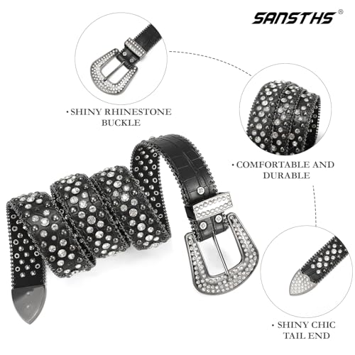 SANSTHS Women Rhinestone Belt for Jeans, Men Western Cowgirl Bling Studded Belt Faux Crocodile Grain Leather4