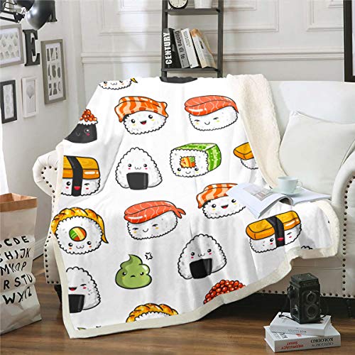 Feelyou SX12999MTZSJ TWIN Sushi Pattern Blanket Japanese-Style Fleece Blanket For Bed Couch Sofa Kids Kawaii Food Theme Throw Blanket Cute Japanese Sushi Plush Sherpa Throw Blanket Room Decor Air Conditioning Twin 60 Inchx80 Inch cover