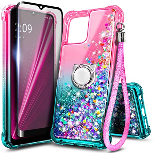 NZND Compatible with T-Mobile REVVL 6 5G / REVVL 6X 5G Case with Tempered Glass Screen Protector, Ring Holder/Wrist Strap, Glitter Liquid Floating Waterfall Girls Women Cute Case (Pink/Aqua)