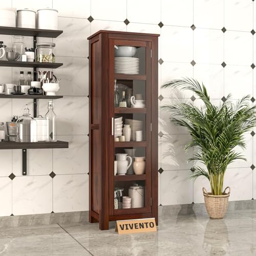 Image of SUNCOM Solid Sheesham Wood Book Shelf - Showcase Glass Door Crockery Storage Unit Or Bookcase, 5-Shelf Wooden Book Rack, Display Cabinet Furniture for Home, Kitchen & Library Areas (Walnut Finish)