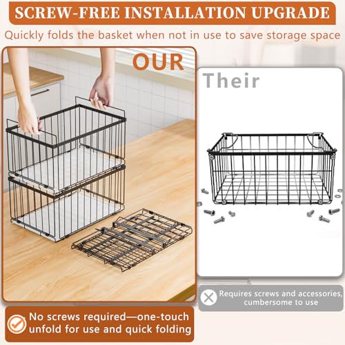 Image of Large Freezer Organizer Bins, Upgrade Quick Expand /Collapse Feature, for 5-9 Cu.Ft Deep Freezer, 4 Pack Stackable Deep Freezer Organizer Bins, Black Wire Foldable Baskets (Black 4 Pack)