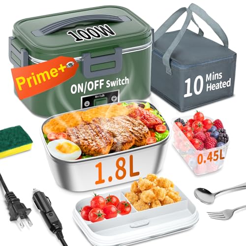 IFENROL Electric Heated Lunch Box for Adults with 1.8L Container, ON/OFF Power Switch & 0.6L Double Layer, Portable 100W 3-IN-1 Fast Heating Food Warmer for Men, 12V/24V/110V for Car Truck Office
