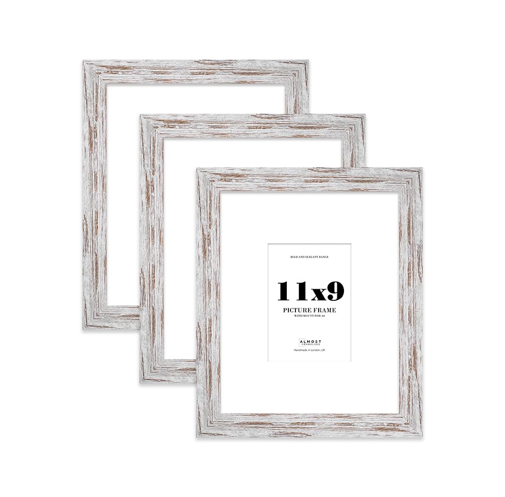 11x9 Distressed Wood Frame With Mount for A6 Pictures 28mm Edge Portrait and Landscape Display with Wall Hooks and Kickstand, 3 Pack
