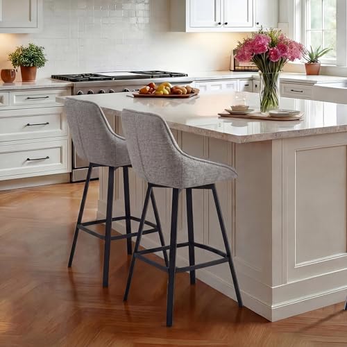 Image of Zesthouse Swivel Bar Stools Set of 3, Modern Counter Height Barstools with Backs, 26'' Upholstered Linen Fabric High Chairs for Island Kitchen, Counter Height Chairs with Metal Legs, Grey