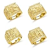 LOAYHOAY 4PCS 18K Gold Filled Rings Set for Men Kanji Ring Rich Luck Wealth Dragon Ring Set Rapper Hip Hop Ring Adjustable Size