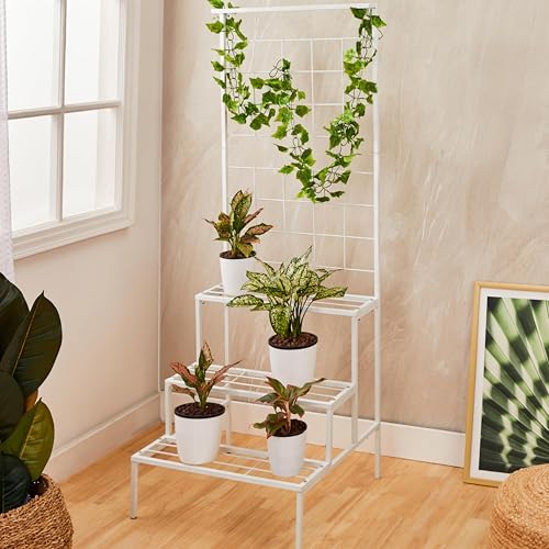 Image of Amazon Brand - Solimo 4-Tier Metal Planter Stand (White) - for Living Room, Balcony, Patio, Indoor & Outdoor Use, 58 x 59 x 155 cm, Garden Rack for Flower Pots, Holds up to 31 kg